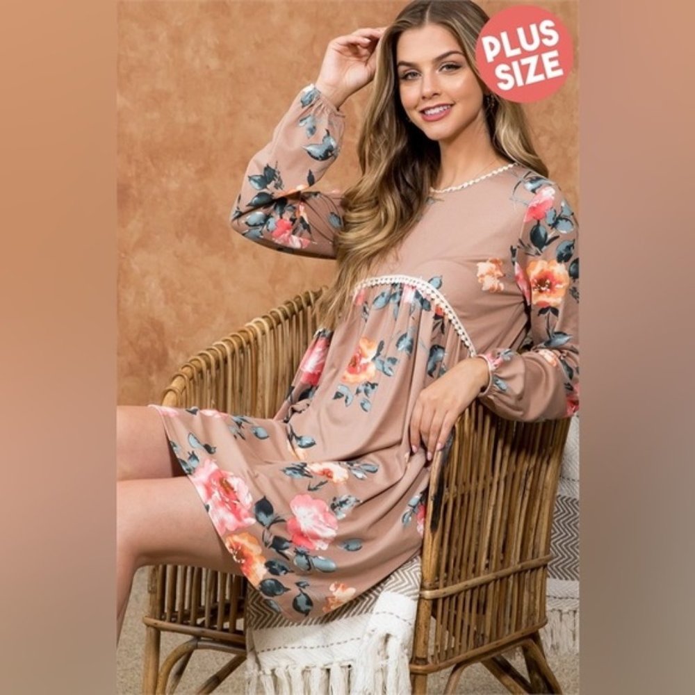 1X 2X 3X PLUS SIZE POMPOM DETAIL LONG SLEEVE ELASTIC BAND FLORAL DRESS- TAUPE